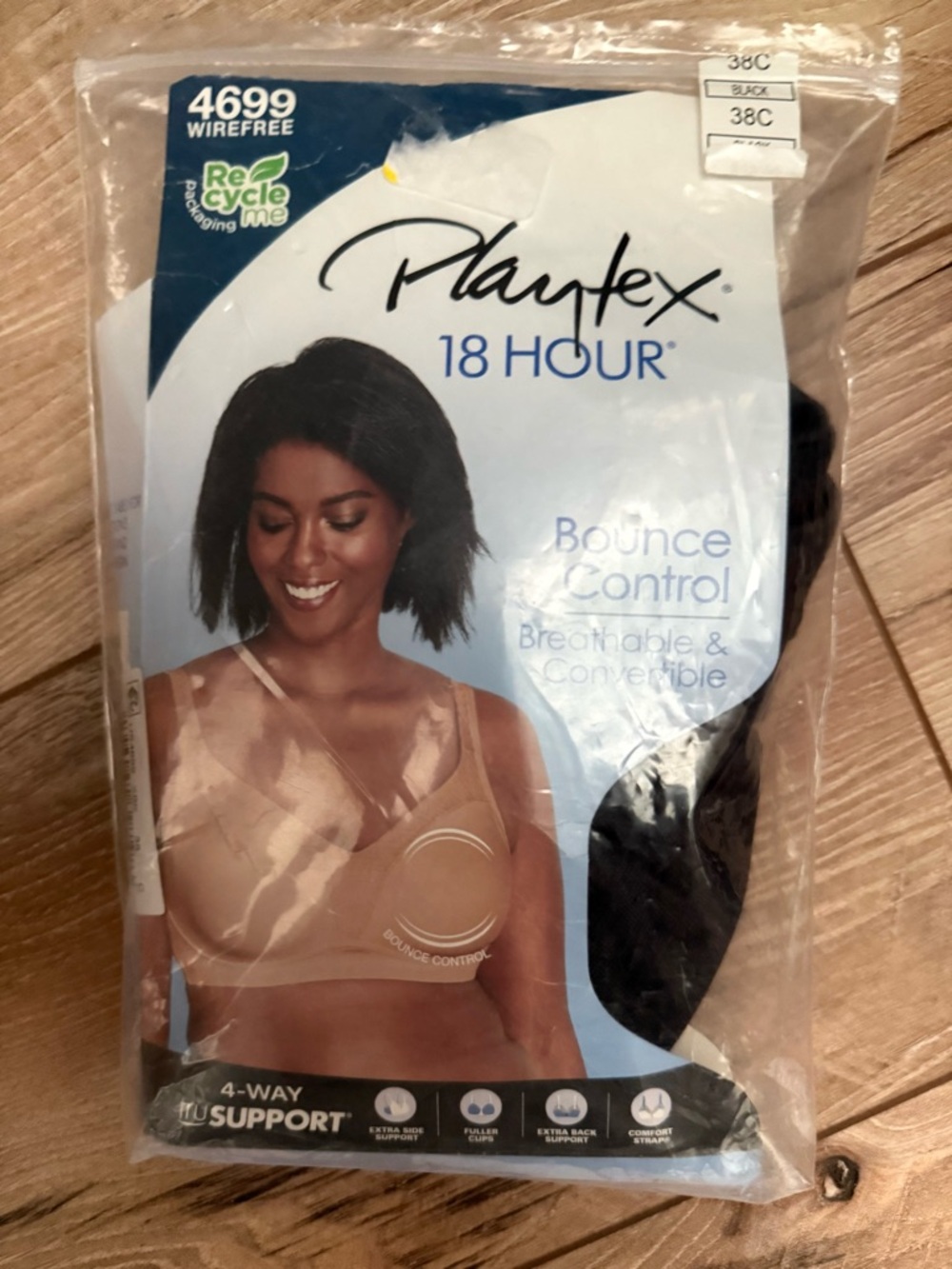 NWT Playtex 18 Hour Wirefree Bra US4699 Black 38C 4-Way TruSupport Full Covera